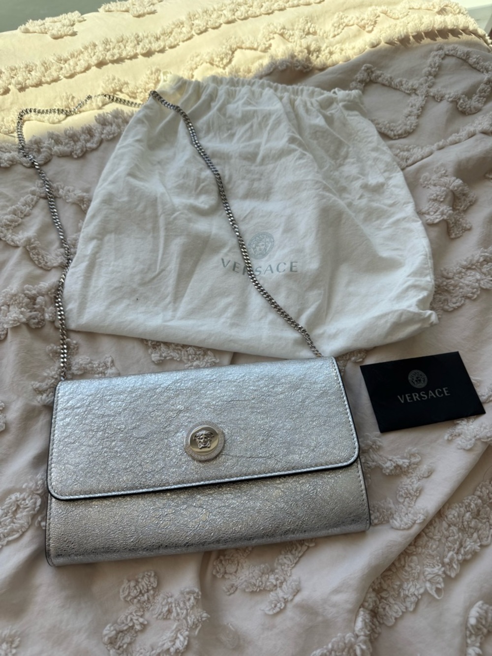 Versace Silver Metallic Chain Envelope Clutch